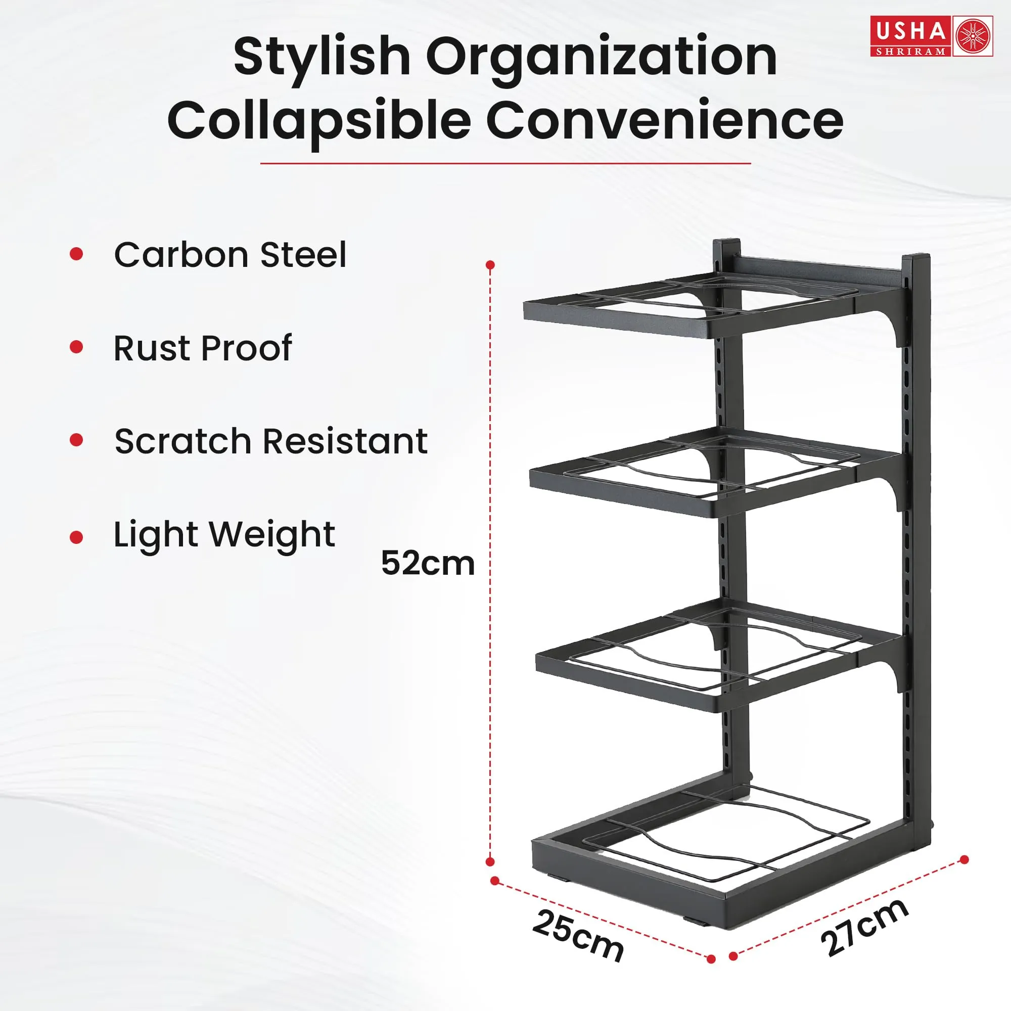 USHA SHRIRAM Carbon Steel | Dish Organiser For Kitchen | Kitchen Side Rack Organiser | Kadai Pan Organiser Rack For Kitchen | Kitchen Appliances Organiser | itchen Shelf Organiser (Pack of 3, 4 Layer)