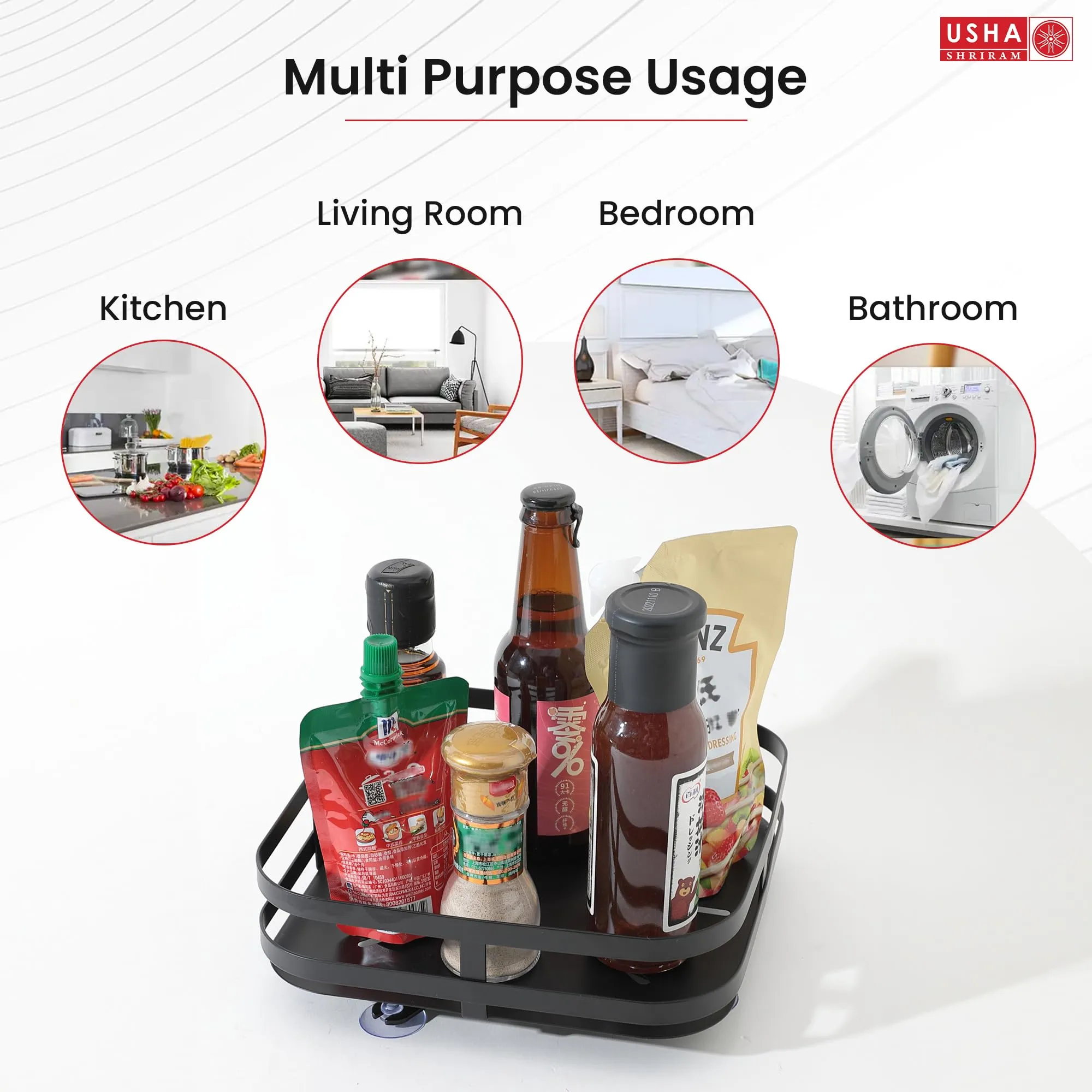 USHA SHRIRAM Carbon Steel Oil Bottle Holder for Kitchen |360 Rotation | Wine Whiskey Bottle Holder | Kitchen Organiser Space Saver | Storage Rack for Kitchen Organiser (Pack of 2, Square - 1 Layer)