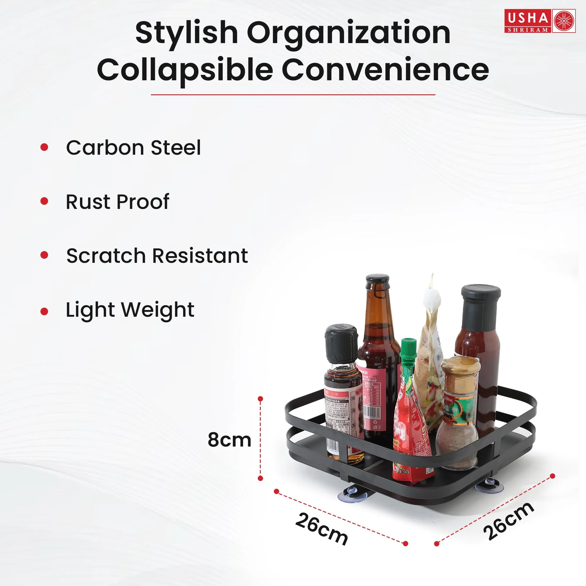 USHA SHRIRAM Carbon Steel Oil Bottle Holder for Kitchen |360 Rotation | Wine Whiskey Bottle Holder | Kitchen Organiser Space Saver | Storage Rack for Kitchen Organiser (Pack of 2, Square - 1 Layer)