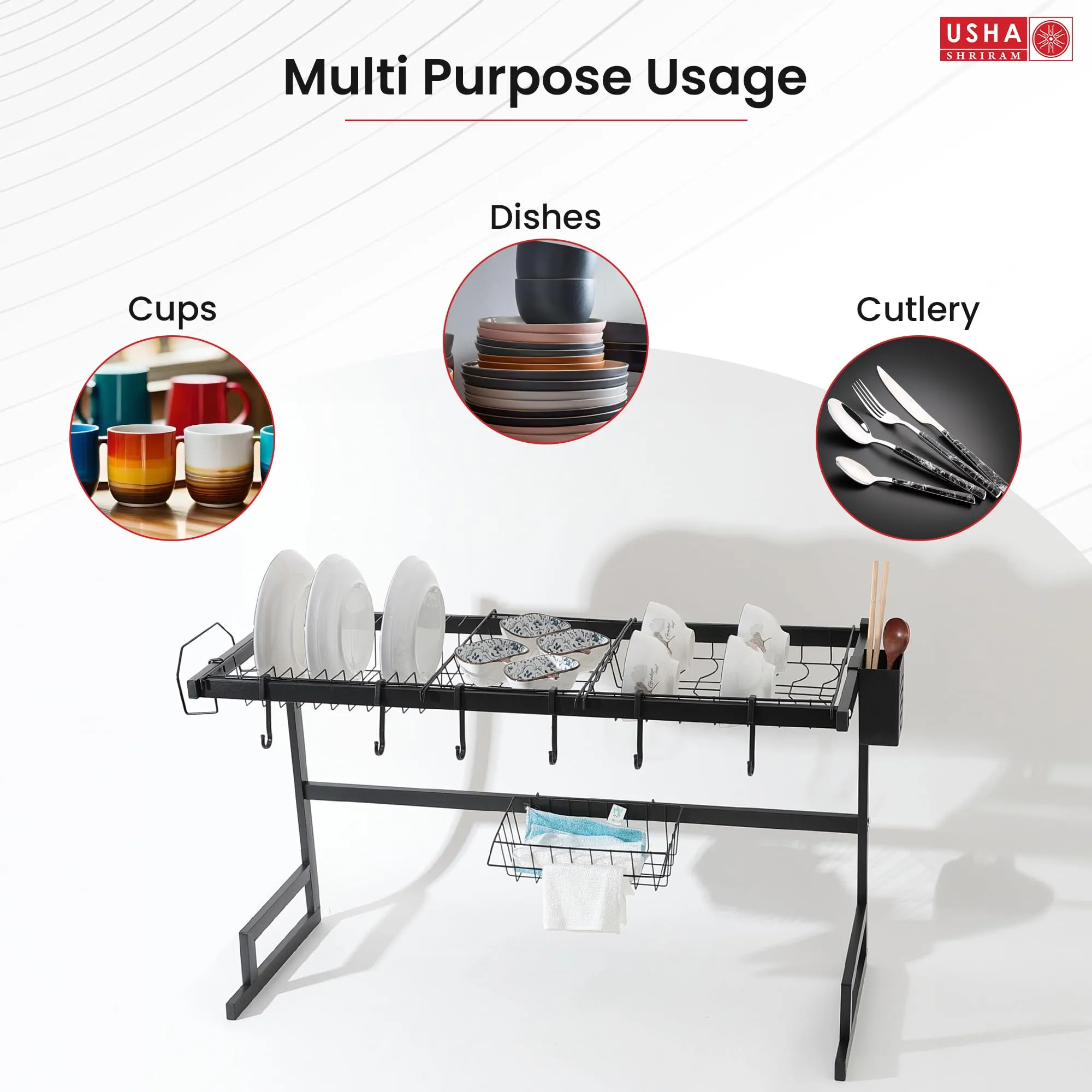 USHA SHRIRAM Carbon Steel Plate Bowl Holder | Sink Organiser In Kitchen | Utensil Dish Organiser For Kitchen With Spoon Knife Holder | Kitchen Sink Organiser For Washbasin (Pack of 3, Single Layer)