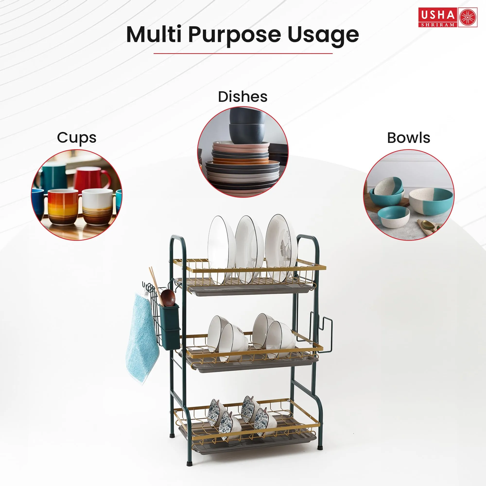 USHA SHRIRAM Free Mounting Dish Rack | Stackable Kitchen Basket For Storage | Carbon Steel Collapsible Foldable Basket For Fruits And Vegetables (3Pcs - Bowl Holder - 3 layer)