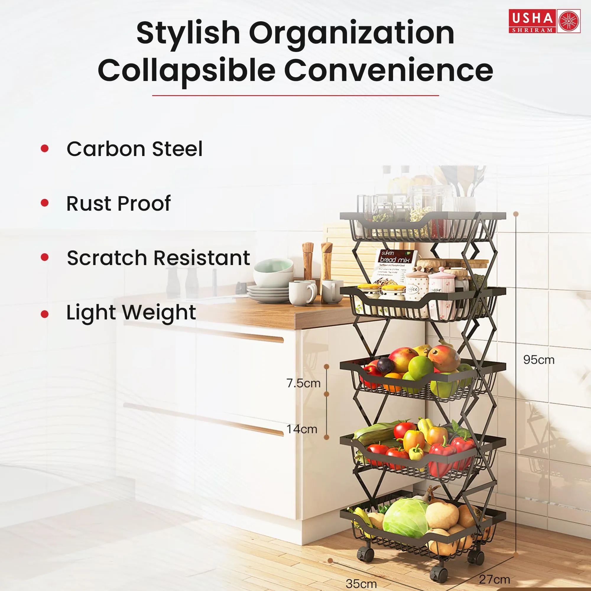 USHA SHRIRAM Layer Carbon Steel Trolley for Kitchen |360 Rotation | Kitchen Trolley with Wheels for Modular Kitchen | Onion Fruit Trolley for Kitchen | Kitchen Trolley Organisers (5 Layer, Pack of 2)