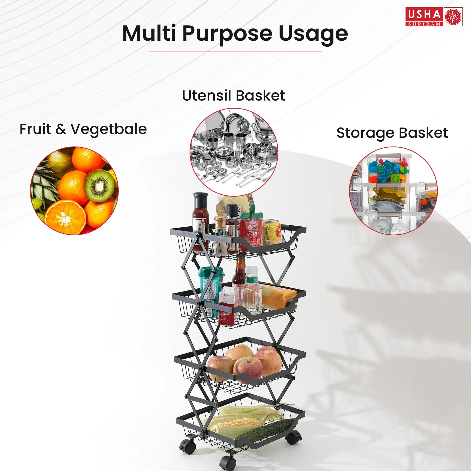 USHA SHRIRAM Layer Carbon Steel Trolley for Kitchen |360 Rotation | Kitchen Trolley with Wheels for Modular Kitchen | Onion Fruit Trolley for Kitchen | Kitchen Trolley Organisers (5 Layer, Pack of 2)