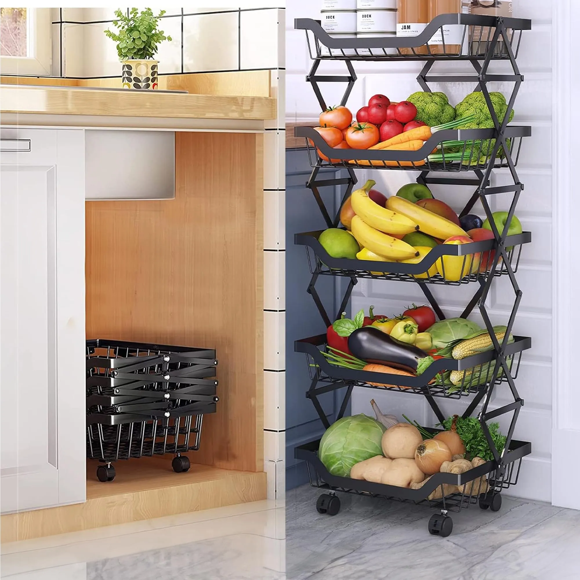 USHA SHRIRAM Layer Carbon Steel Trolley for Kitchen |360 Rotation | Kitchen Trolley with Wheels for Modular Kitchen | Onion Fruit Trolley for Kitchen | Kitchen Trolley Organisers (5 Layer, Pack of 2)