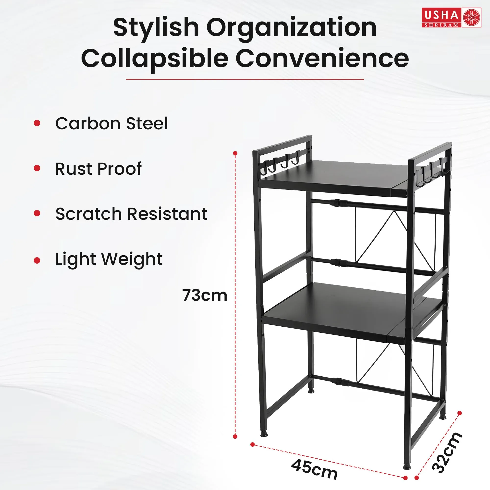 USHA SHRIRAM Microwave Oven Rack For Kitchen (3Pcs) |2 Step Organiser For Kitchen Cabinet | Kitchen Organiser Box | Storage Organiser For Kitchen Shelf Space Saver | Hooks For Spoon Holder | Black