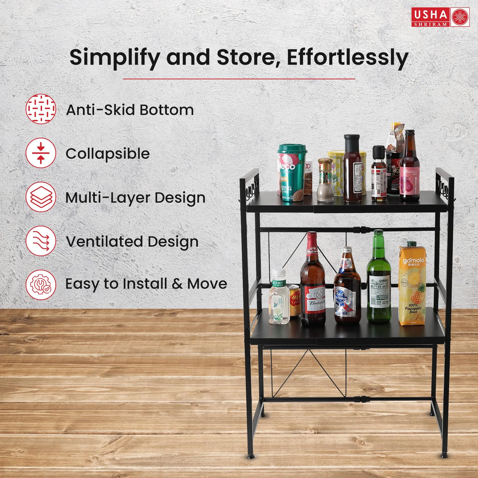 USHA SHRIRAM Microwave Oven Rack For Kitchen (3Pcs) |2 Step Organiser For Kitchen Cabinet | Kitchen Organiser Box | Storage Organiser For Kitchen Shelf Space Saver | Hooks For Spoon Holder | Black