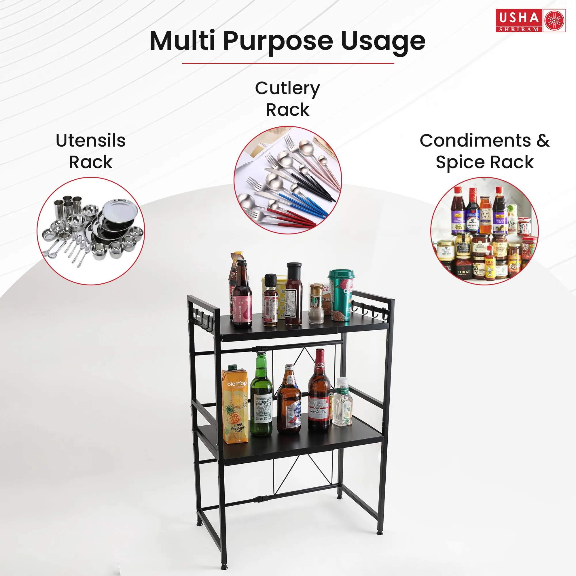 USHA SHRIRAM Microwave Oven Rack For Kitchen (3Pcs) |2 Step Organiser For Kitchen Cabinet | Kitchen Organiser Box | Storage Organiser For Kitchen Shelf Space Saver | Hooks For Spoon Holder | Black