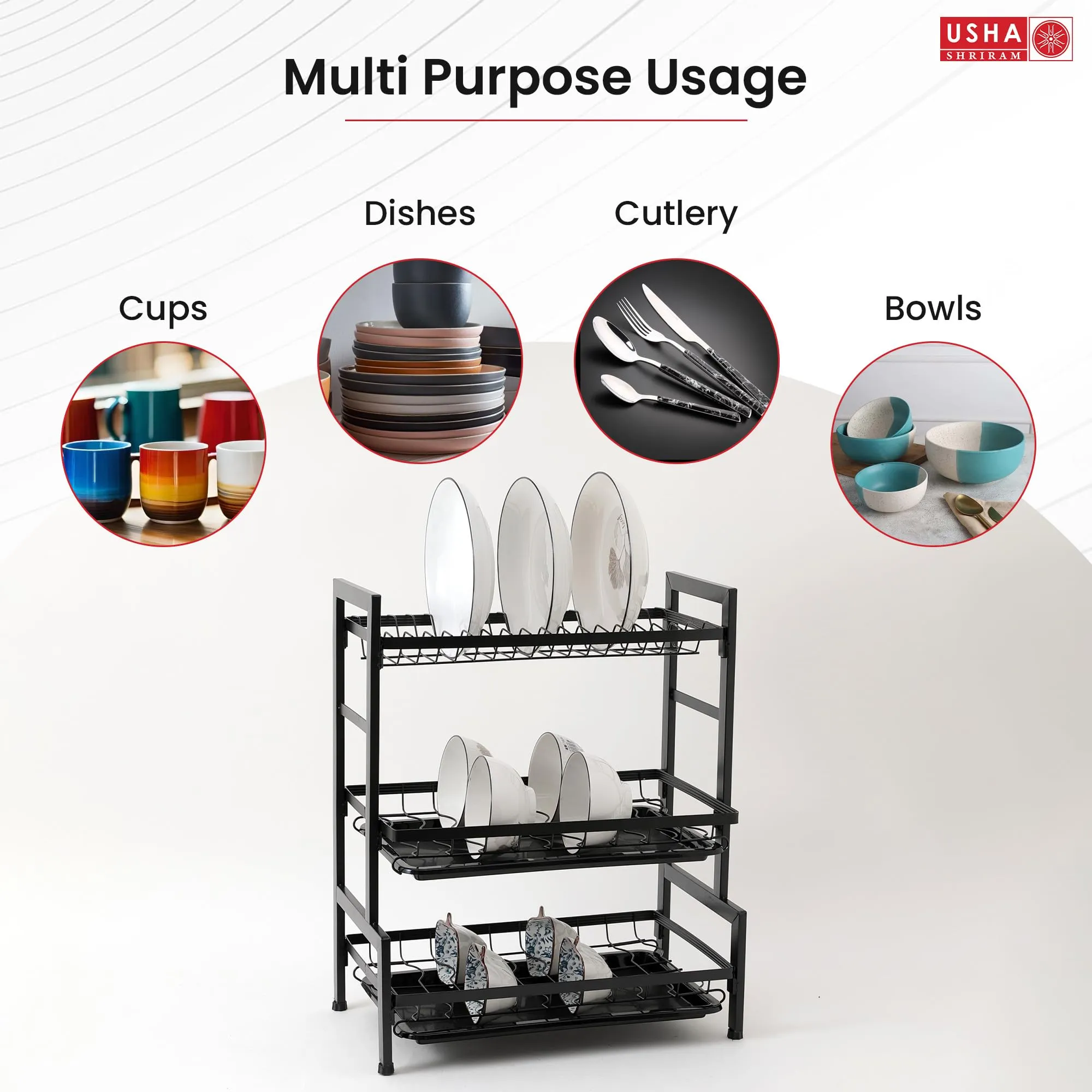 USHA SHRIRAM Plate Bowl Holder Sink Organiser in Kitchen | Kitchen Organiser Rack | Utensil Dish Organiser for Kitchen with Spoon Knife Holder Hooks (3 Layer Plate Bowl Holder, Pack of 2)