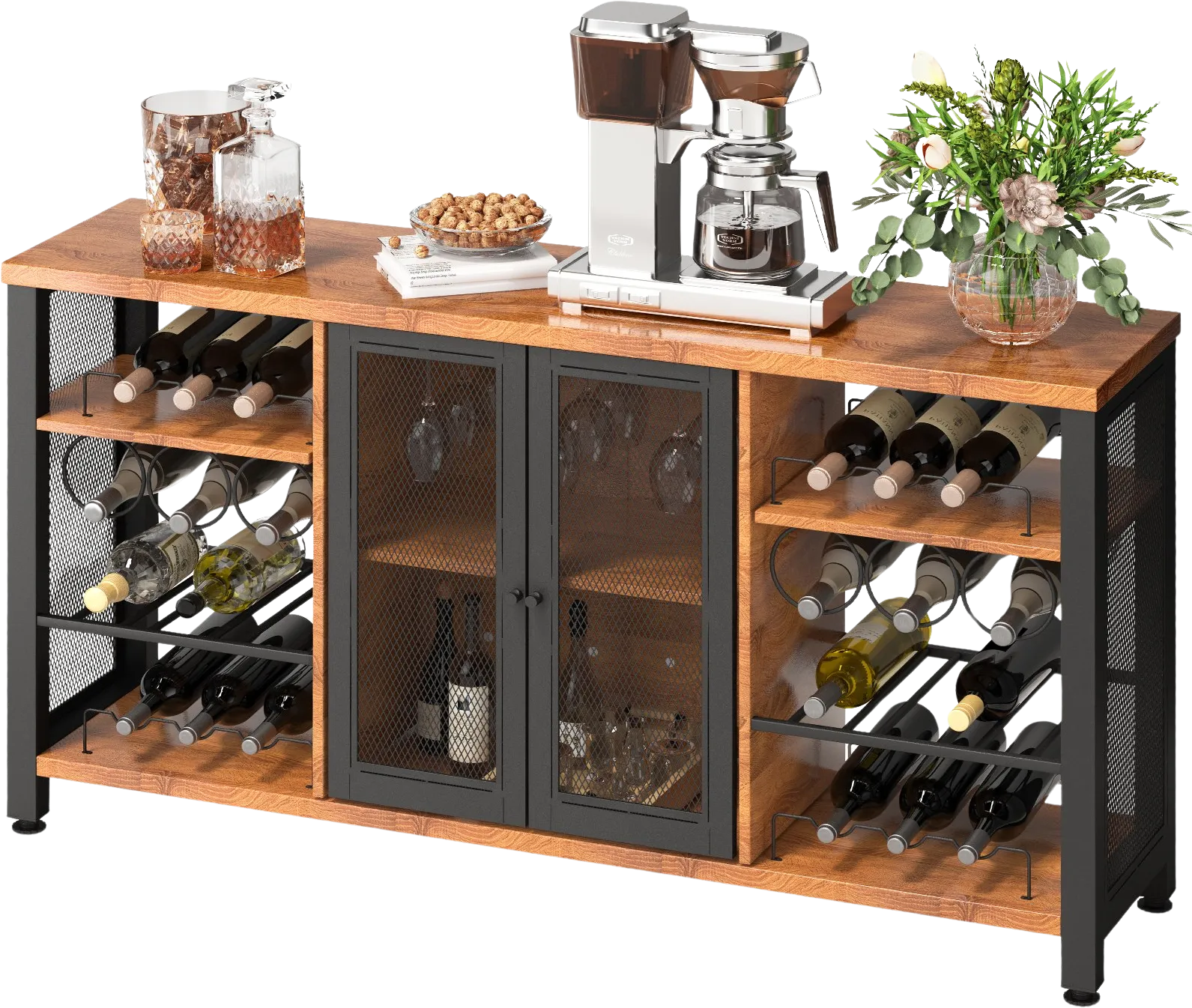 Vevor Bar Cabinet Industrial with Glass Holder and Wine Rack 55" Rustic Oak New