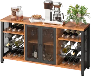 Vevor Bar Cabinet Industrial with Glass Holder and Wine Rack 55" Rustic Oak New