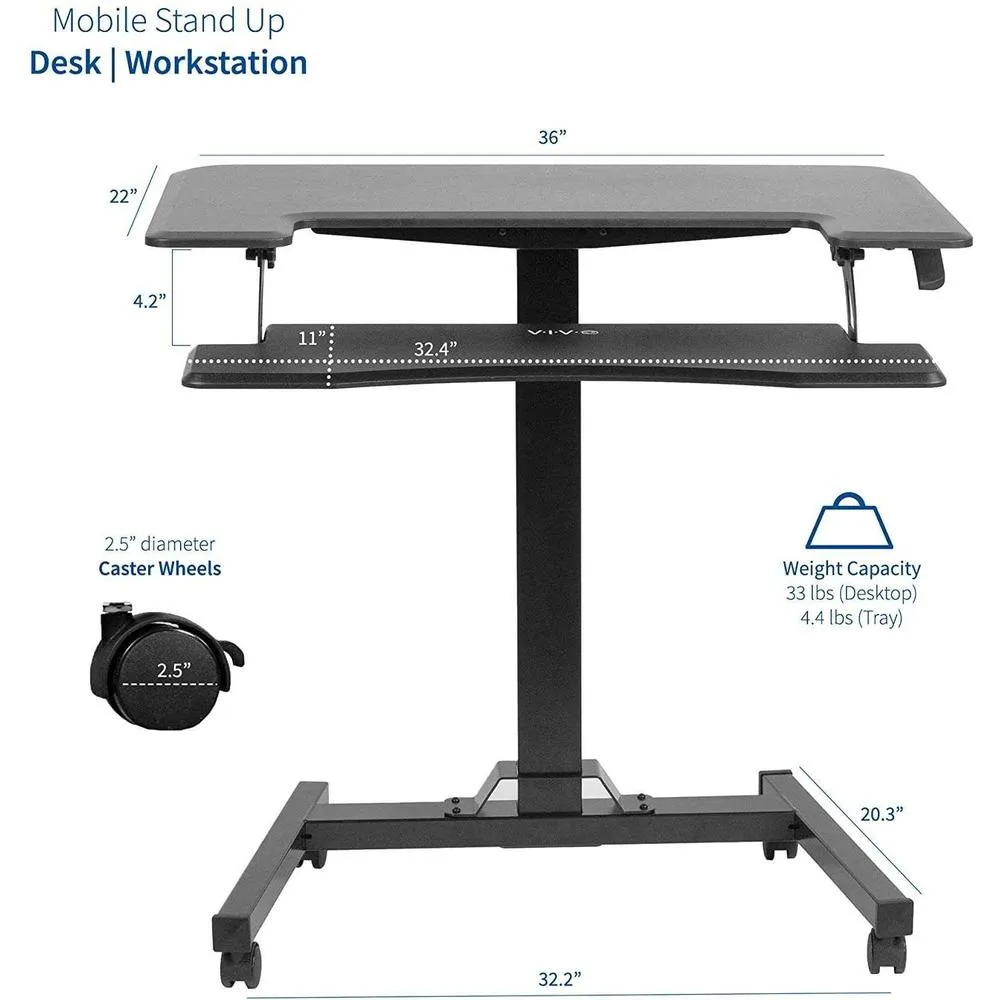 VIVO DESK-V111GT Black 36" Manual Height-Adjustable Mobile Compact Desk on Wheels