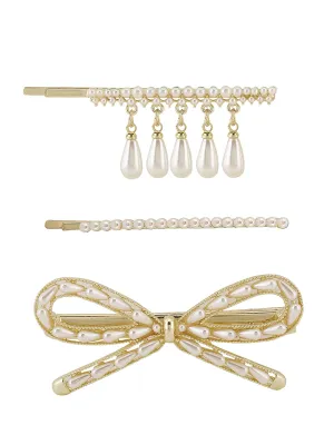 Yellow Chimes 3 pcs Fine Quality Stylish Bow Tie Design Pearl Hair Pin Bobby Pin Hair Clips Fashion Hair Accessories for Women Girls, White, Medium