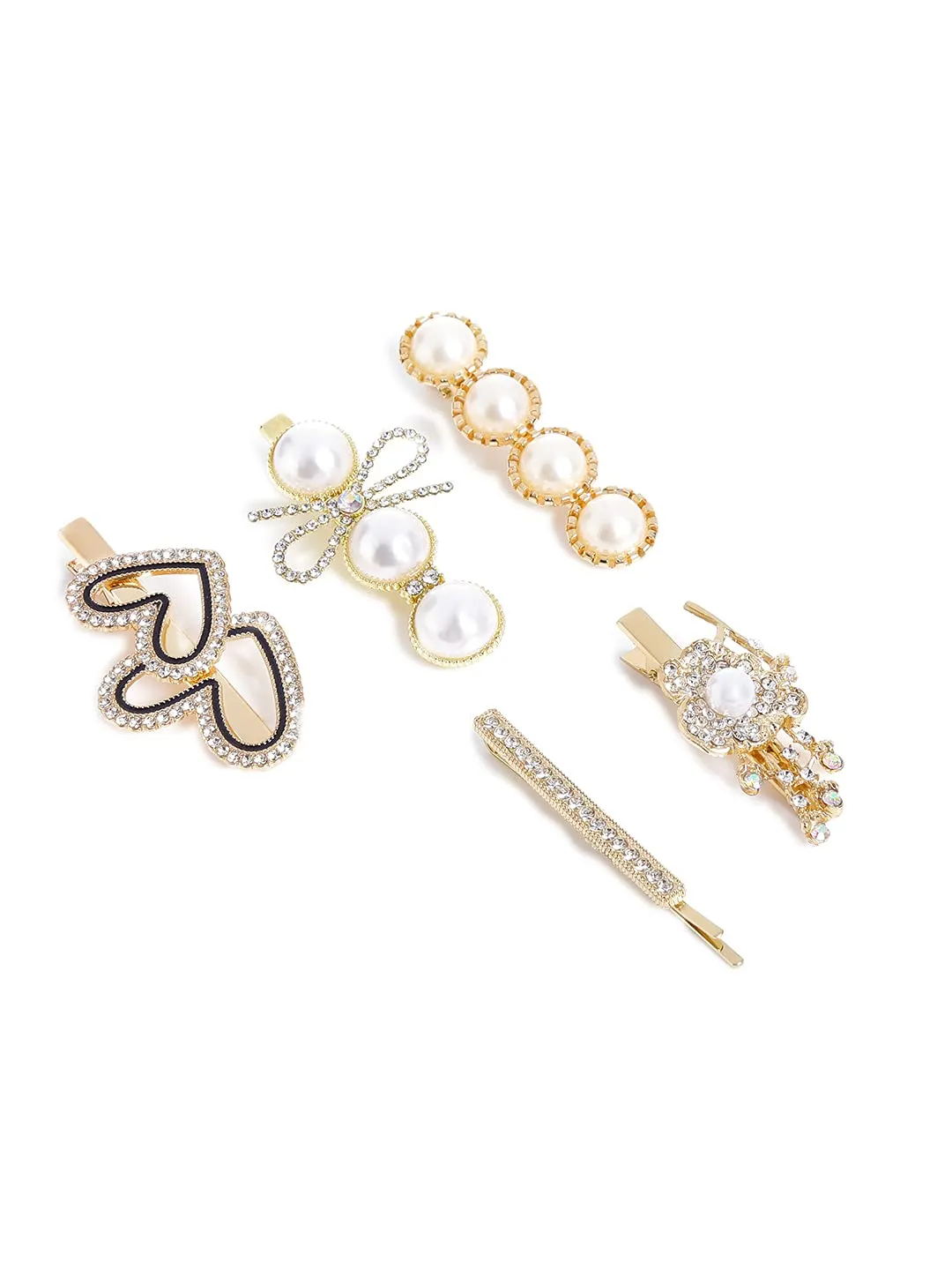 Yellow Chimes 5 Pcs Pearl Crystal Studded Stylish Mix Design Hair Clips Alligator Clips for Women Girls